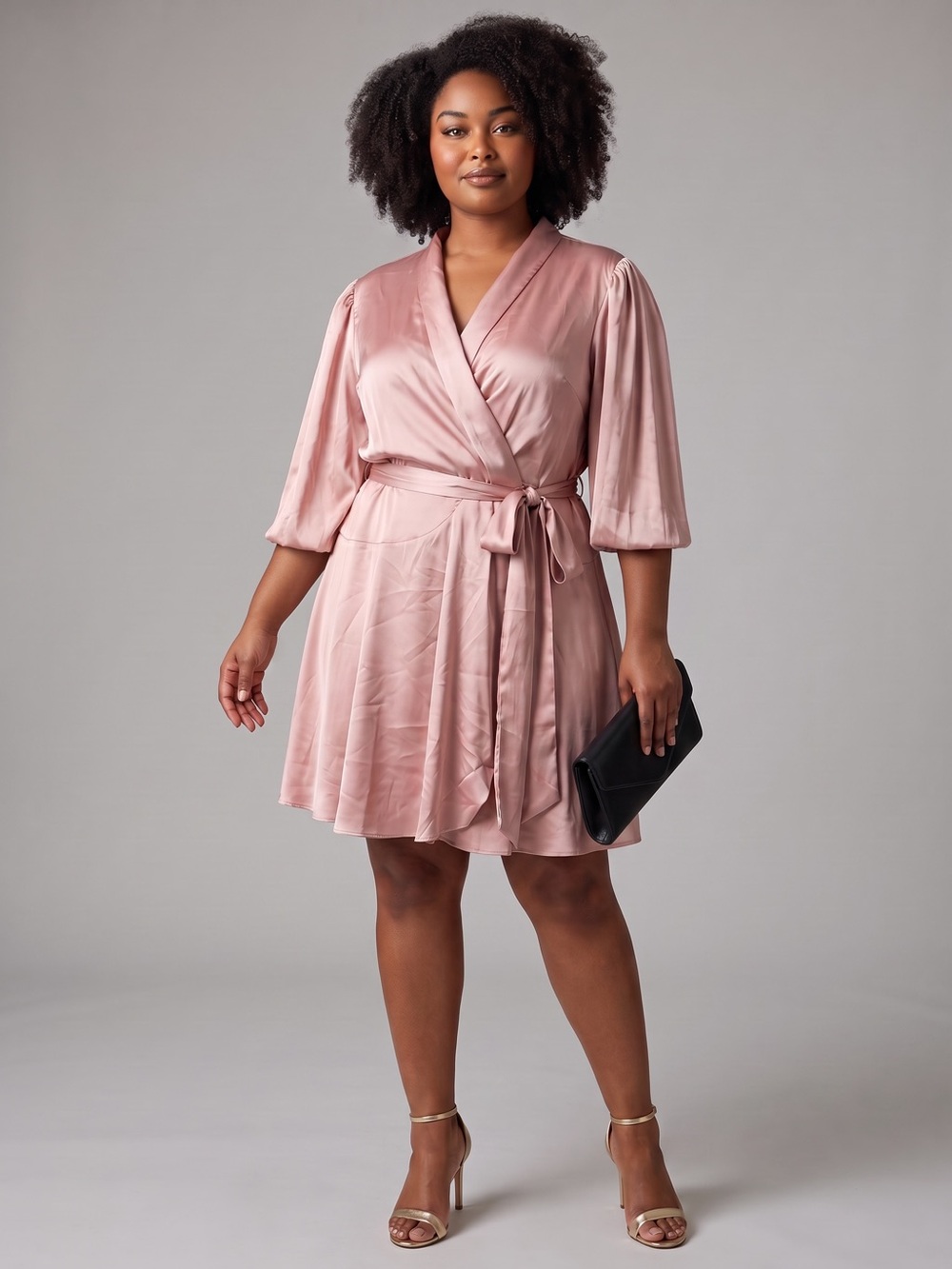 Sante Grace Pink Satin Wrap Dress Size 2X Balloon Sleeve Evening Cocktail Party